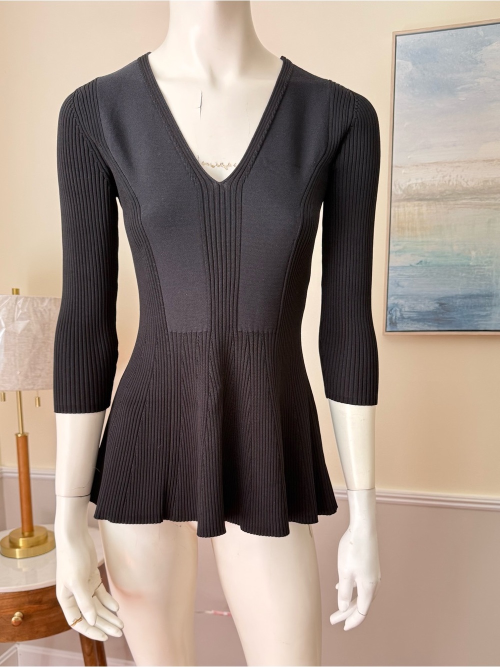 Saks Fifth Avenue Black Ribbed V-Neck Peplum Tunic NWOT